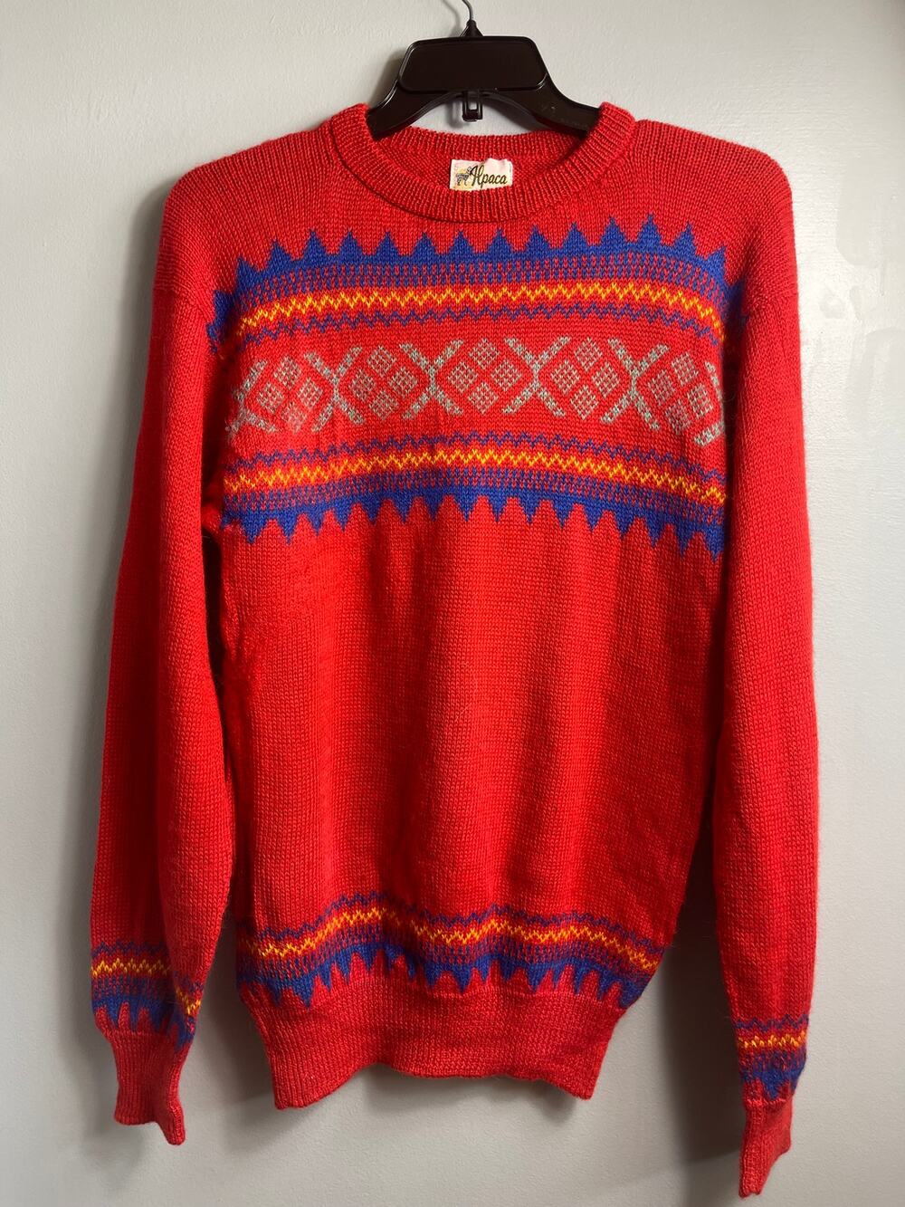 Vintage Red Geometric 100% Peruvian Alpaca Knit Sweater XL